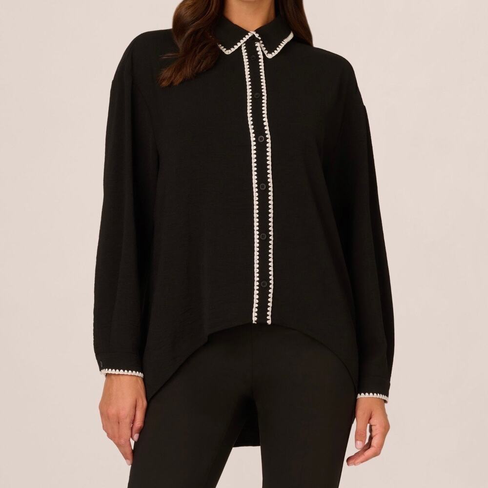 Adriana Papell Women’s Embroidered Relaxed High Low Shirt 2X Black
